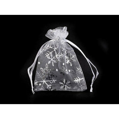 Vánoční dárkový pytlík vločky 9x12 cm organza - bílá stříbrná (10 ks)