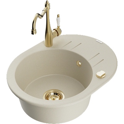 Mexen Kevin гранитна мивка с една камера, отцедник и кухненски смесител Carla, бежов - 6517-69-670700-50 (6517-69-670700-50)