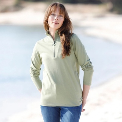 Jednofrebné tričko so stojačikom na zips zelenkastá