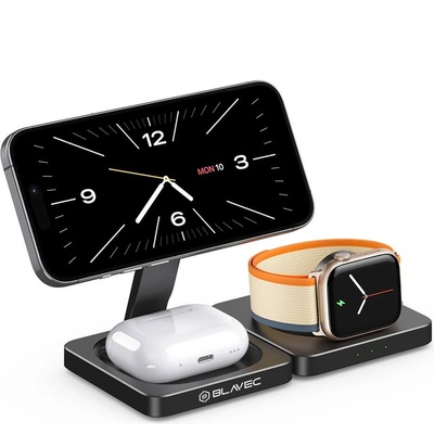Blavec E20 3-in-1 Fst Wireless Charger 15W - тройна поставка (пад) за безжично зареждане за iPhone с MagSafe, Apple Watch, AirPods и Qi съвместими мобилни устройства (черен)