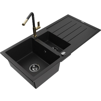 Mexen Andres гранитна мивка с 1, 5 камери с отцедник и кухненски смесител Flora, черен - 6515-77-670401-57-B (6515-77-670401-57-B)