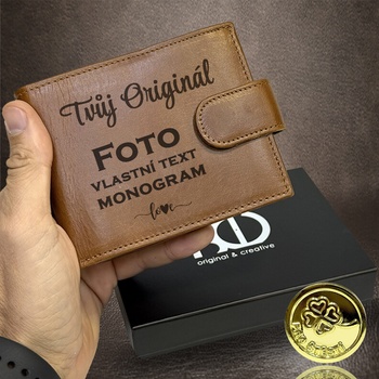 Hnědá kožená peněženka s laserovým gravírováním Monogram text nebo foto