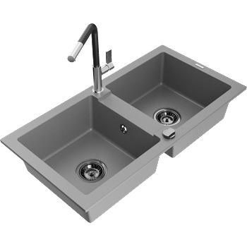 Mexen Mario двукоморна гранитна мивка с кухненски смесител Flora, сив - 6504-71-670401-07-B (6504-71-670401-07-B)