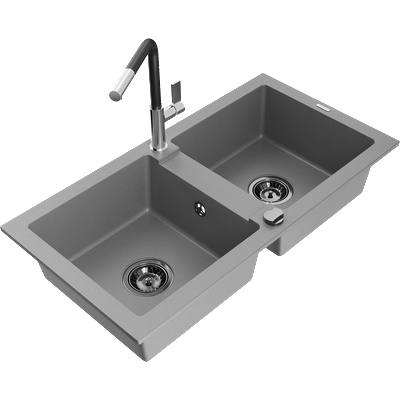 Mexen Mario двукоморна гранитна мивка с кухненски смесител Flora, сив - 6504-71-670401-07-B (6504-71-670401-07-B)