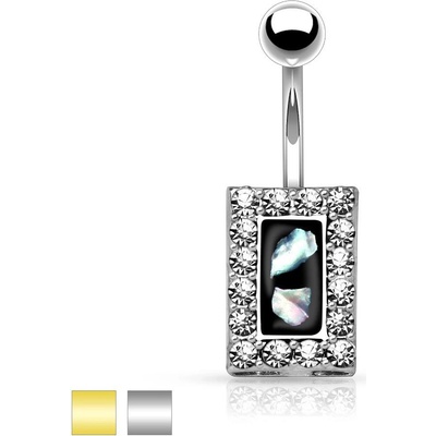 Šperky eshop ocelový piercing do bříška černý obdélník s kousky perleti zirkonový lem AB32.06 zlatá