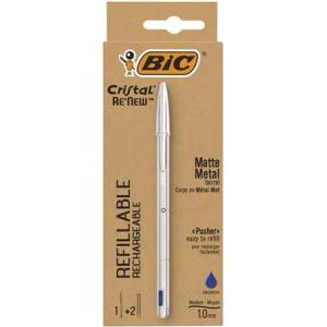 BIC Химикалка, 0, 32 мм, капачка, матово сребърно тяло, BIC "Cristal ReNew", синя + вложка 997202 (997202)