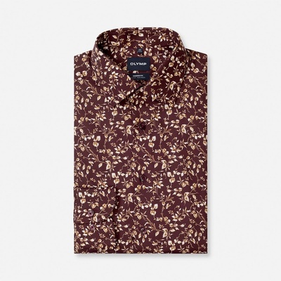 Olymp Luxor Modern Fit pánska nežehlivá košeľa s kvetinovým vzorom bordová