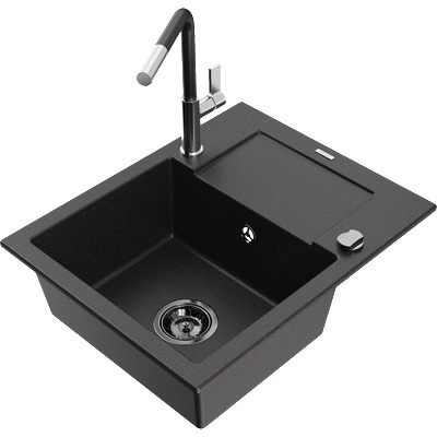 Mexen Enzo гранитна мивка с 1 корито с отцедник и кухненски смесител Flora, (6506-75-670401-07-B)
