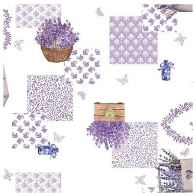IMPOL TRADE Obrus PVC 3581534 levanduľové dekorácie na bielom podklade návin 20 m x 140 cm