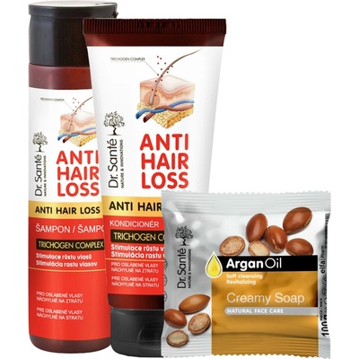 Dr. Santé Anti Hair Loss šampón proti vypadávaniu vlasov a pre podporu ich rastu 250 ml + kondicionér pre podporu rastu vlasov a proti ich vypadávaniu 200 ml + tuhé mydlo 100 g darčeková sada