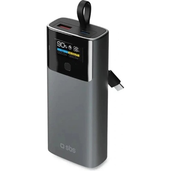 SBS 10000mAh PD 20W Преносима батерия Powerbank с LCD дисплей и вграден USB-C кабел - сив (TTBB10000LCDPD20)