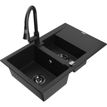 Mexen Gaspar гранитна кухненска мивка с 1, 5 корита с отцедник и кухненски смесител Elia, черен - 6507-77-670101-70-B (6507-77-670101-70-B)