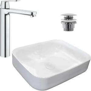 GROHE Комплект за умивалник Rea Demi Slim за плот, бял 51 см, Grohe Eurosmart Cosmopolitan XL хромиран смесител за умивалник и хромиран вентил за умивалник Click-Clack (5902557327355+23921000+5902557344925)