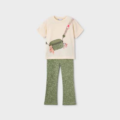 Mayoral Комплект клин в зелено с цветя и бяла тениска за мини момиче Mayoral