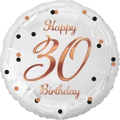 GODAN Balón foliový bílý 30 let Happy birthday narozeniny růžovozlatý nápis 45 cm