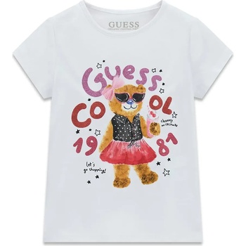 GUESS Бяла тениска за мини момиче с цветни надписи с глитери и мече Guess