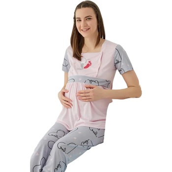 Image 1 of Пижама за бременни и кърмачки в розово и сиво със сърца