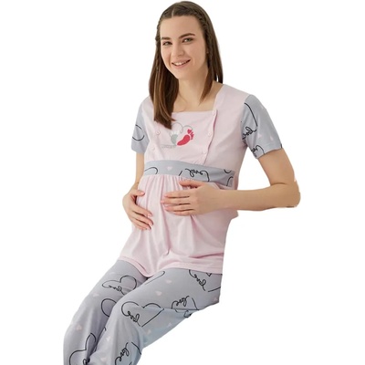 Пижама за бременни и кърмачки в розово и сиво със сърца