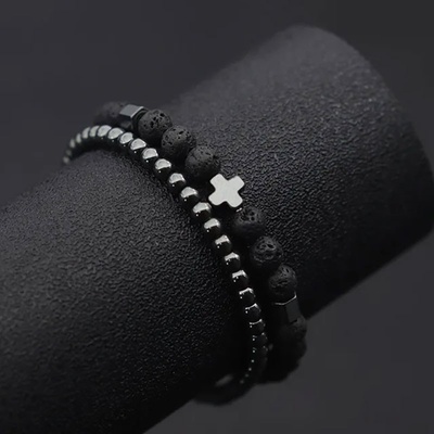 Daniel Dawson Dvojitý náramek Antonio lávový kámen hematit NR2099 Černá