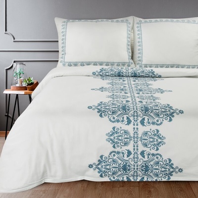 Takoy Exkluzivní povlečení 220x200 cm bavlněné barva bílá, tmavě modrá s ornamentálním vzorem Reina Line-HF-442117 | 200 x 220 cm, 70 x 80 cm