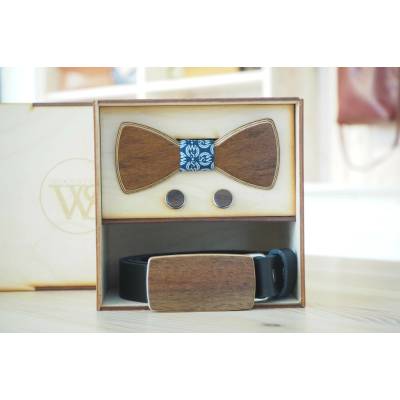Wood Style Set Kulatý WS Modrotisk opasek motýlek a manžetové knoflíčky Hnědá Ořech