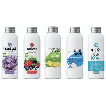 Nanolab Seznamte se Jedlá soda 100ml + Bílý ocet 100ml + Kyselina citronová 100ml + Prací gel antialergický 100 ml + Octová aviváž 100 ml (sada testerů)