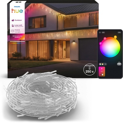 Venkovní vánoční osvětlení – LED rampouchy, 8,5 m, 250 LED, IP44, girlanda s bílým a barevným přechodem RGBIC, inteligentní SMART, Zigbee, Bluetooth, Festavia, rampouchy, Philips HUE