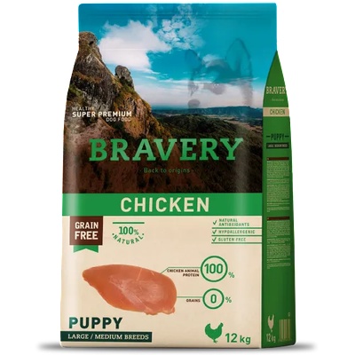 Bravery chicken puppy medium & large, натурална, хипоалергенна храна, БЕЗ ЗЪРНО за подрастващи кучета от средни и едри породи до 1 година, с пилешко месо, Испания - 12 кг