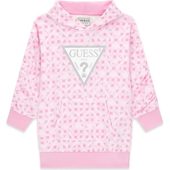 Guess Спортна розова рокля с качулка за мини момиче с детайли и сребристо лого Guess