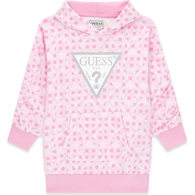Guess Спортна розова рокля с качулка за мини момиче с детайли и сребристо лого Guess