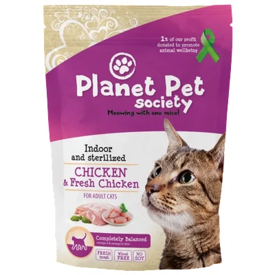 Planet Pet Society Chicken for Indoor and Sterilized Cats - пълноценна храна с пилешко месо, за кастрирани или отглеждани на закрито котки, над 1 година, Без соя, царевица, пшеница, добавена захар, Финландия - 1, 5 кг, 40446