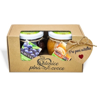 Sklenice plná ovoce Dárek s visačkou pro paní učitelku - 2 džemy slazené stevií 400g meruňka višeň