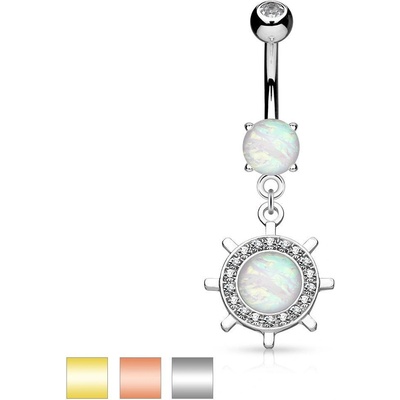 Šperky eshop piercing do bříška ocel kormidlo se syntetickým opálem a zirkonky AB29.08 stříbrná