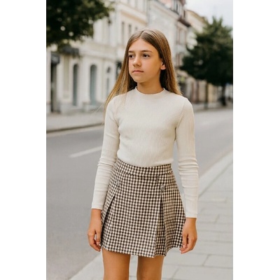 Fashionkids dievčenská károvaná sukňa hnedo-béžová so zipsom a gumou v páse bežová