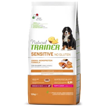 Natural Trainer Dog Sensitive No Gluten Medium & Maxi Adult with Salmon - храна за пораснали кучета, БЕЗ ГЛУТЕН, над 1 година, от средни и едри породи, с чувствителни стомаси, със сьомга - 12 кг, Италия - 925251