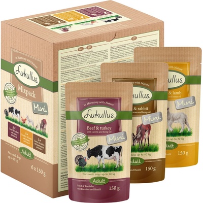 Lukullus Mini mix hovězí a krůtí zvěřina a králičí drůbeží a jehněčí 24 x 150 g