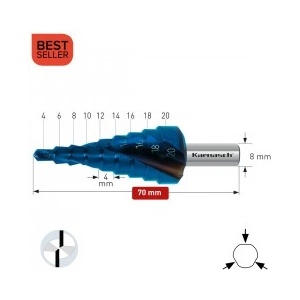 Karnasch Стъпално свредло Ø 4-20 mm (x 4 mm), HSS-XE Blue-Dur, 2x спирален канал, BESTSELLER (1489)