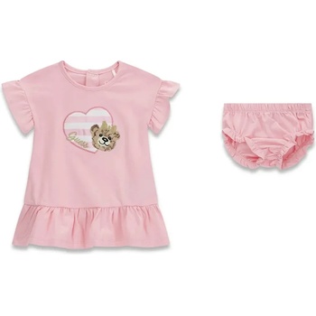 Guess Розова памучна рокля за бебе момиче с памперс гащички и мече Guess