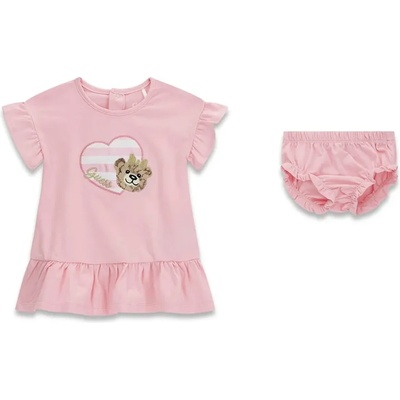 Guess Розова памучна рокля за бебе момиче с памперс гащички и мече Guess