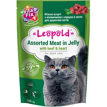 Leopold Cat - Пауч за котки в зряла възраст, вкусно асорти от говеждо месо и сърца, 100гр