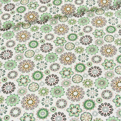 Bavlněné plátno POLO zeleno-oranžové mandaly, š.160cm (látka v metráži)