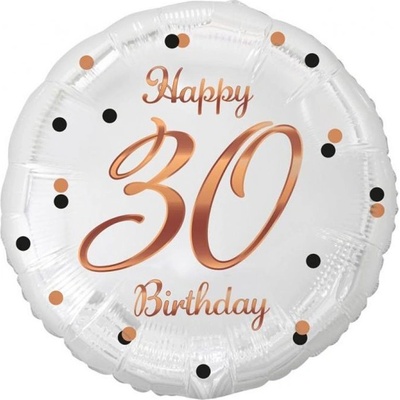 GODAN Balón foliový bílý 30 let Happy birthday narozeniny růžovozlatý nápis 45 cm