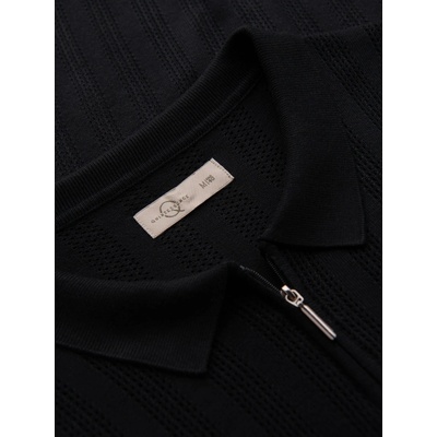 Ombre openwork polo shirt with zipper at neckline black