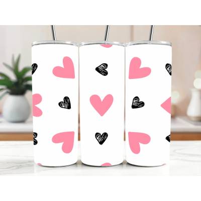 Cool termokelímek s brčkem 590 ml Růžová a skicovaná srdíčka