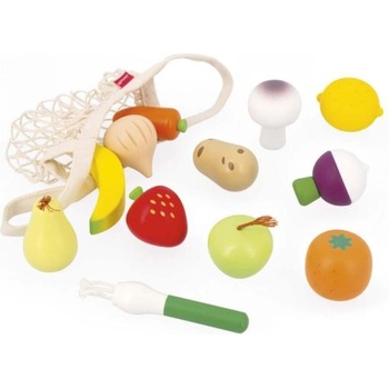 Janod Shiny Grandma Дървени зеленчуци и плодове в мрежа 12 бр