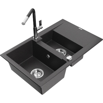 Mexen Gaspar гранитна мивка 1, 5 камера с отцедник и кухненски смесител Flora, черно с пръски - 6507-76-670401-07 (6507-76-670401-07)