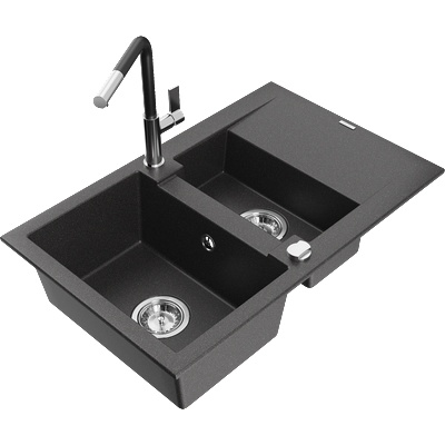 Mexen Gaspar гранитна мивка 1, 5 камера с отцедник и кухненски смесител Flora, черно с пръски - 6507-76-670401-07 (6507-76-670401-07)