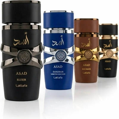 Lattafa Asad Elixir EDP 25 ml + Lattafa Asad Bourbon EDP 25 ml + Lattafa Asad Zanzibar EDP 25 ml + Lattafa Asad EDP 25 ml