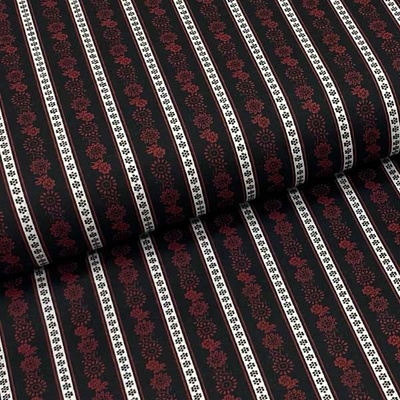 Bavlněné plátno P0466 černé, květinový vzor a pruhy, š.140