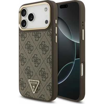 GUESS PU Leather 4G Strass Triangle Logo Gold Frame MagSafe Задний чехол для iPhone 17 Pro Max Brown Guess | Kafyav | МЪЖЕ | UNI